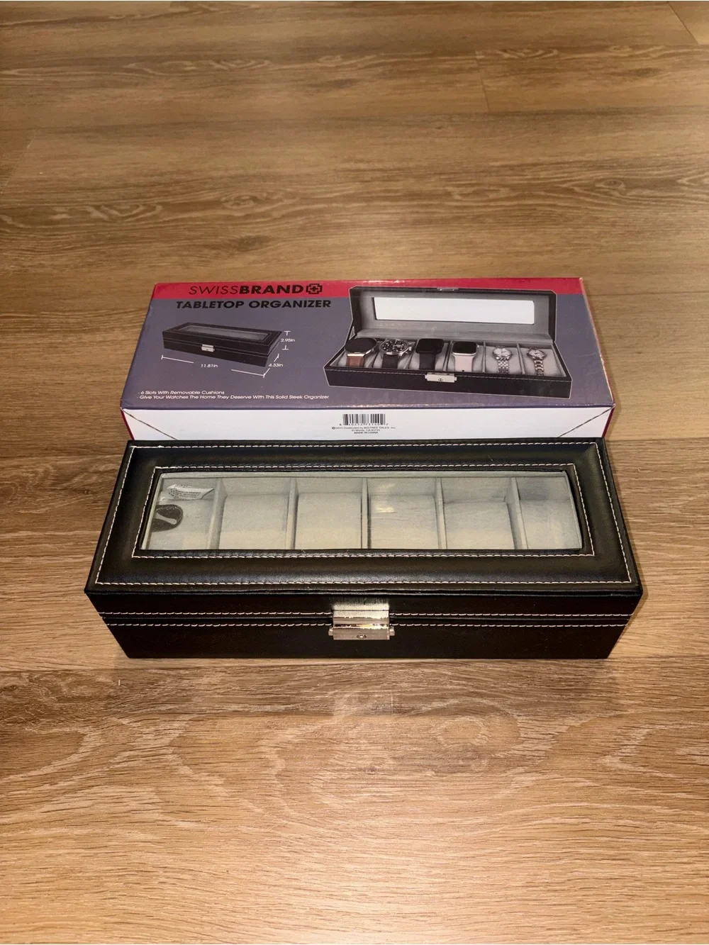 SwissBrand 6 Slot Watch Box Display Case Organizer Glass Top Black New In Box